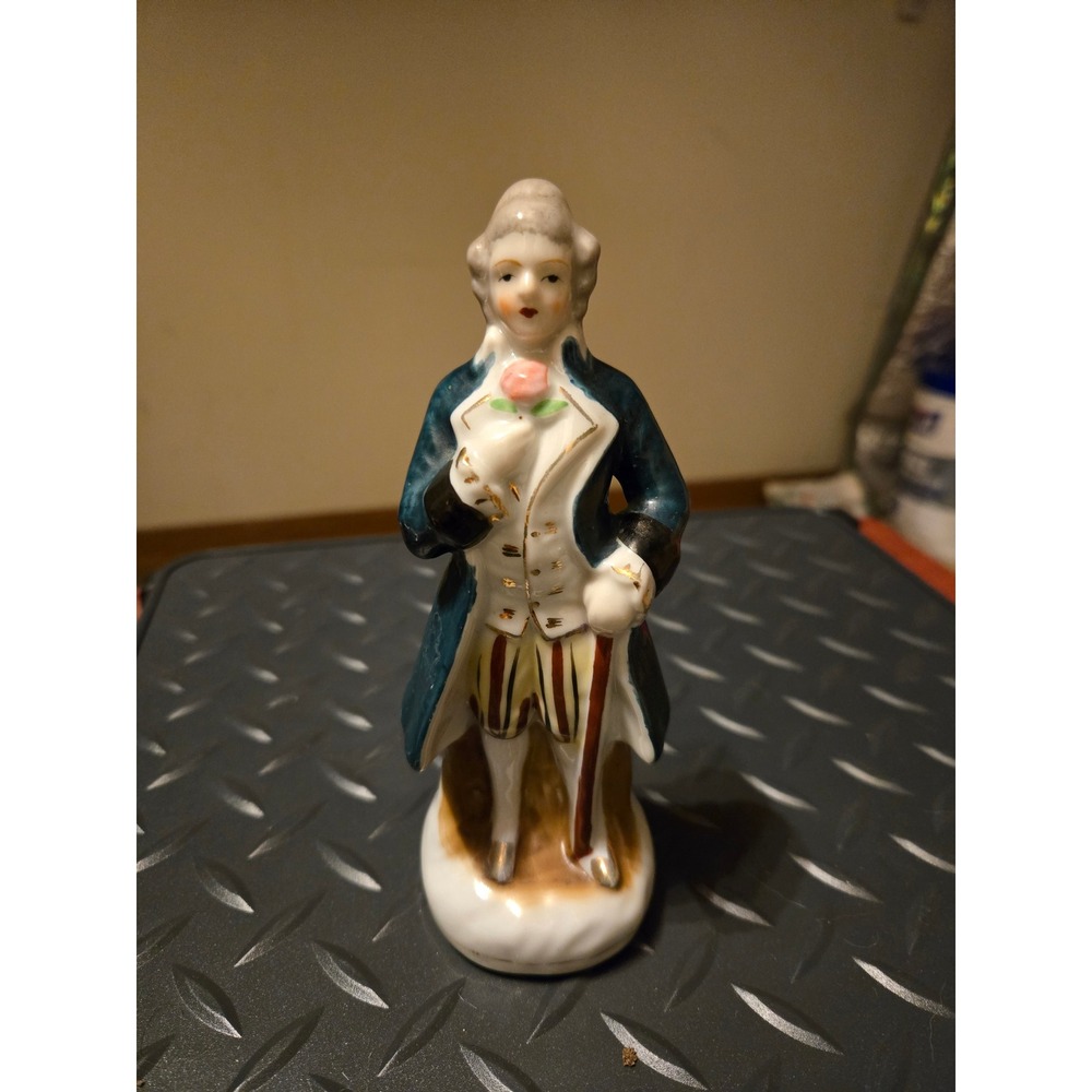 Vintage Hand Painted Japan Porcelain Colonial Gentleman Figurine Teal‎ & Gold